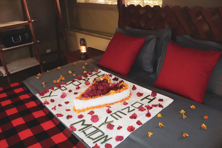 A honeymoon bed decorated with rose petals and a cake